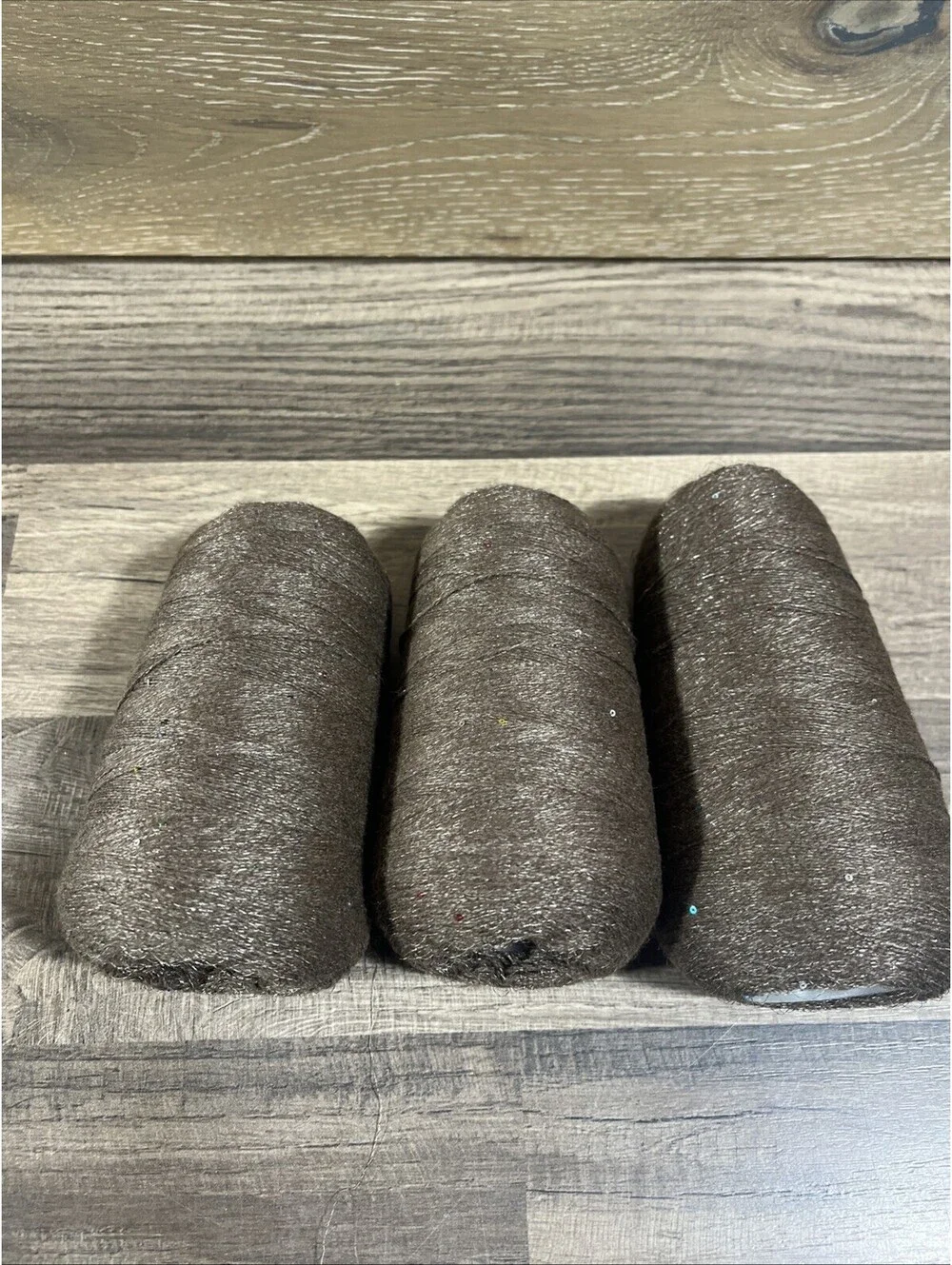 Fancy Cone Yarn Spool Yarn Light Brown Mohair Glitter Silver Sequins Lot Of 3